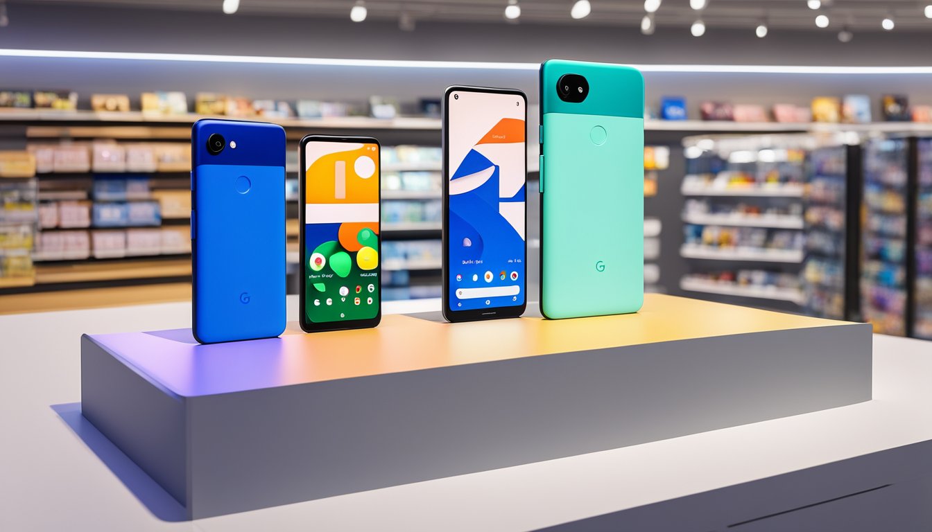 The Google Pixel 3a displayed on a sleek, modern shelf in a Singapore electronics store. Bright lighting highlights the phone's key features and specifications