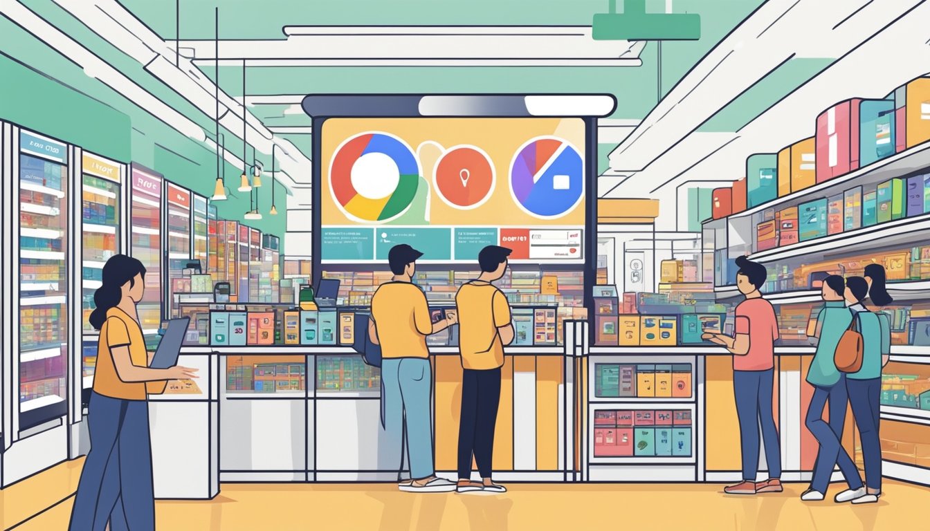 A bustling electronic store in Singapore displays the Google Pixel 3a prominently, with customers asking staff about its availability