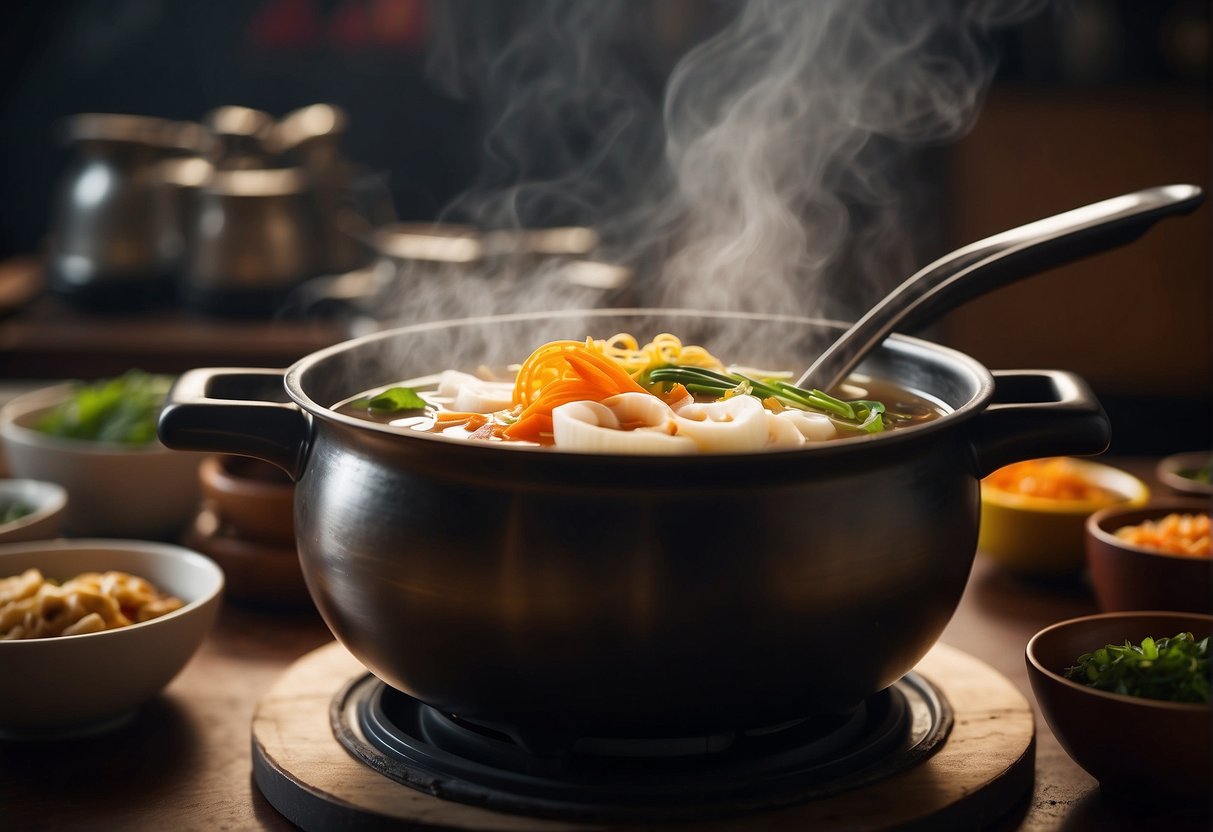 A pot simmering with Chinese soup ingredients, steam rising, chopsticks and a ladle nearby