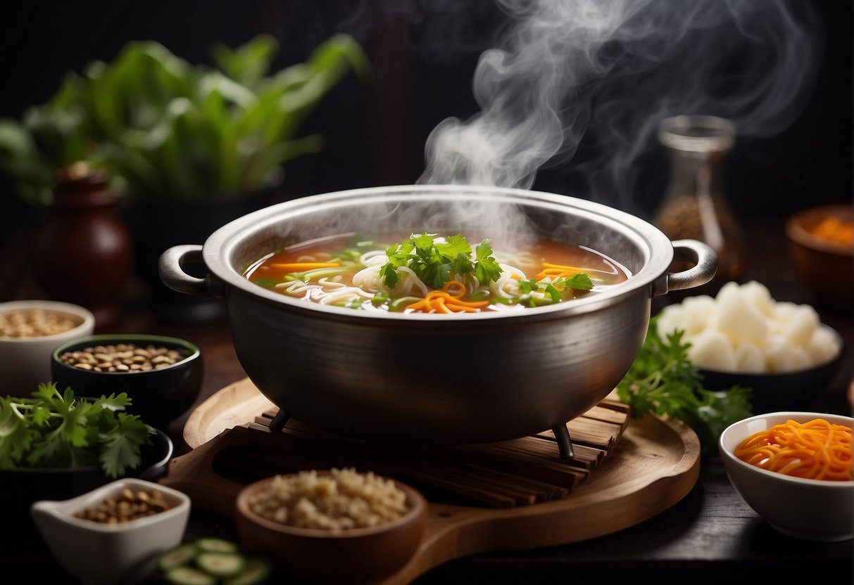 A steaming pot of Chinese soup surrounded by various fresh ingredients and traditional herbs, emitting a tantalizing aroma