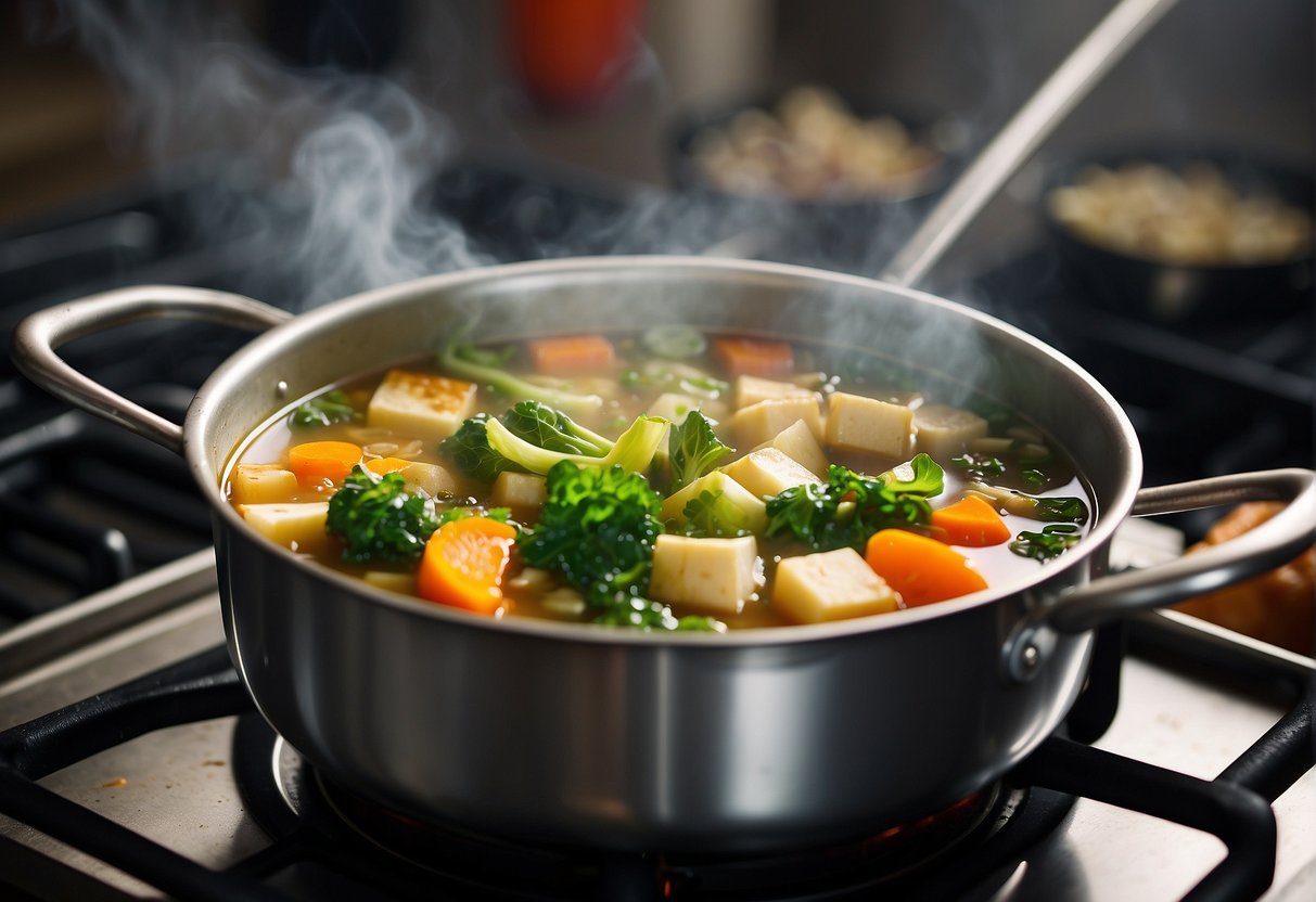 A steaming pot of Chinese vegetable soup simmers on a stove, filled with colorful and aromatic ingredients like bok choy, mushrooms, and tofu