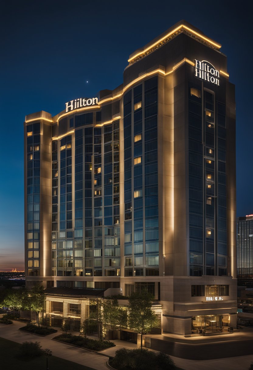 The Hilton Waco hotel stands tall against a backdrop of a vibrant city skyline, with its modern architecture and glowing lights welcoming guests from near and far