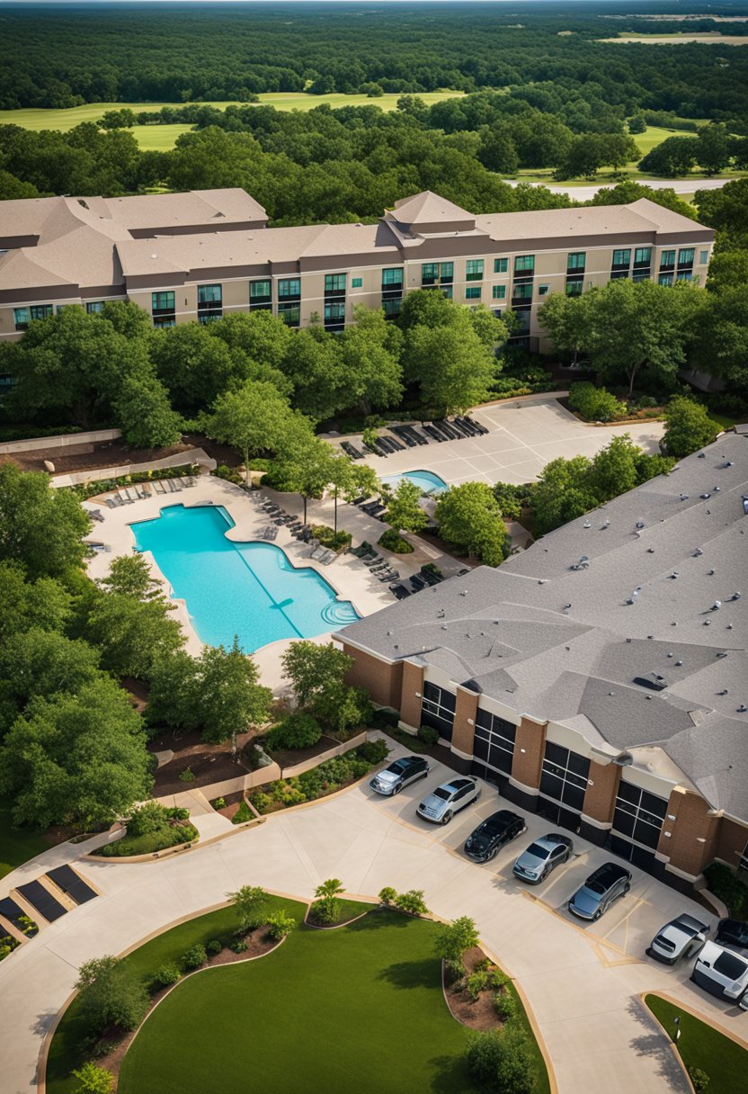 Aerial view of Homewood Suites by Hilton in Waco, Texas. The hotel is surrounded by lush greenery and features a modern exterior with a spacious parking lot