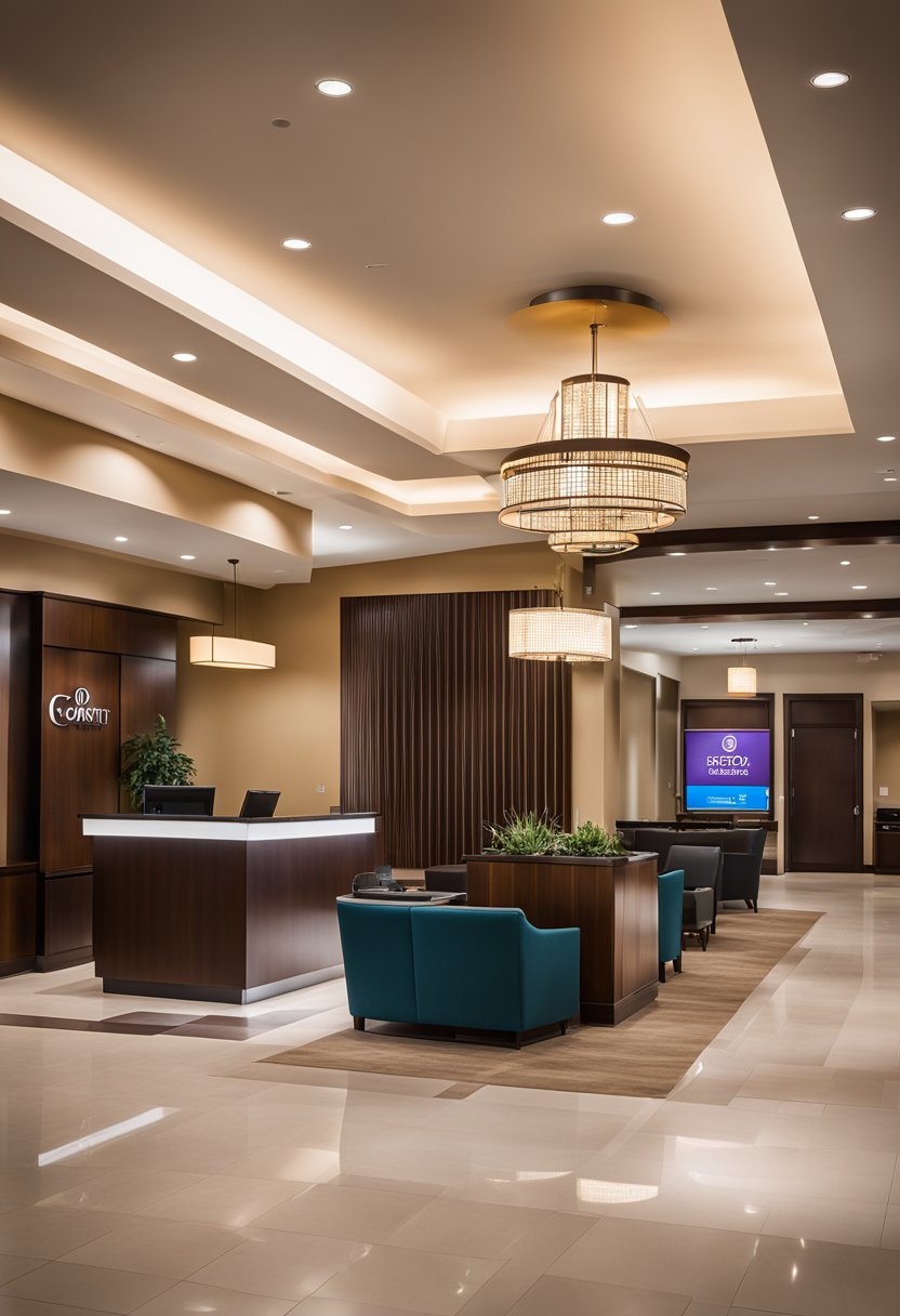 A modern hotel lobby with sleek furniture, a welcoming front desk, and soft lighting. The logo "Comfort Suites Waco North" is prominently displayed