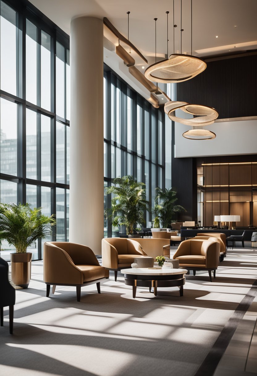 A modern hotel lobby with sleek furniture, a cozy fireplace, and a welcoming front desk. The space is bright and airy, with large windows offering a view of the surrounding area