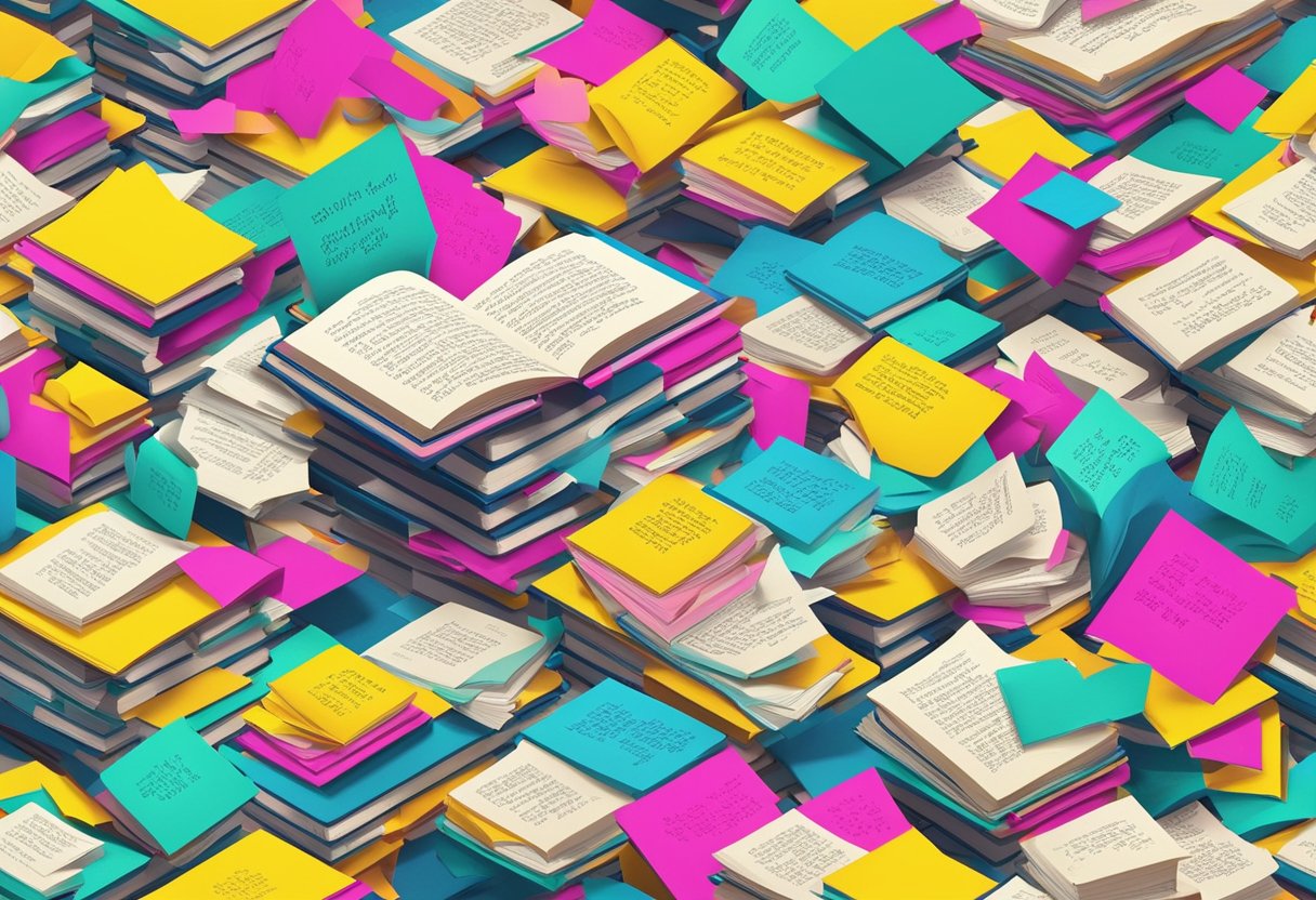 A pile of open books with pages fluttering, surrounded by a scattering of inspirational quotes written on colorful sticky notes