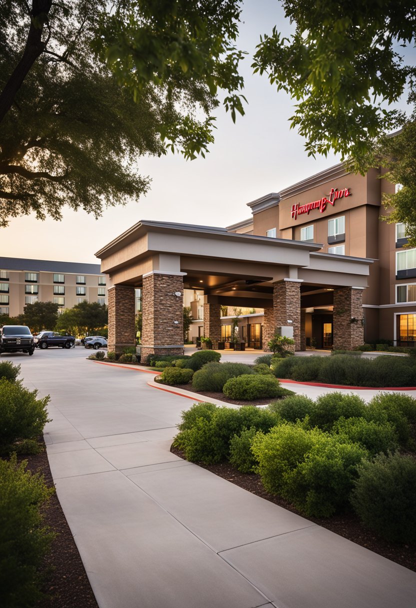 The Hampton Inn & Suites Waco-South stands tall with its modern architecture and inviting entrance, surrounded by lush landscaping and a well-lit parking lot