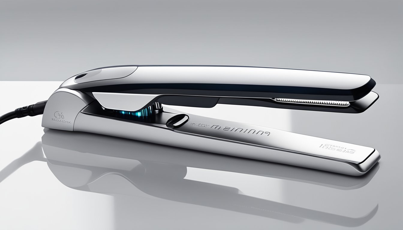 A sleek, modern hair straightener sits on a clean, white countertop. Soft, natural light illuminates the product, highlighting its elegant design and advanced technology