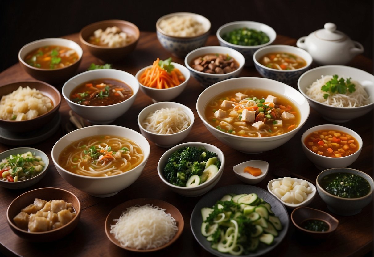 A table spread with various regional Chinese soup specialties, each in a unique bowl, showcasing the diverse flavors and ingredients of Chinese cuisine