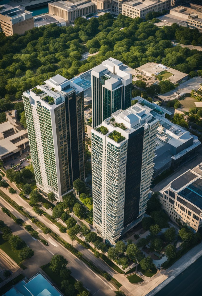 A bustling cityscape with modern skyscrapers and lush greenery, showcasing the vibrant energy and sophistication of Element Waco's best hotels in 2024
