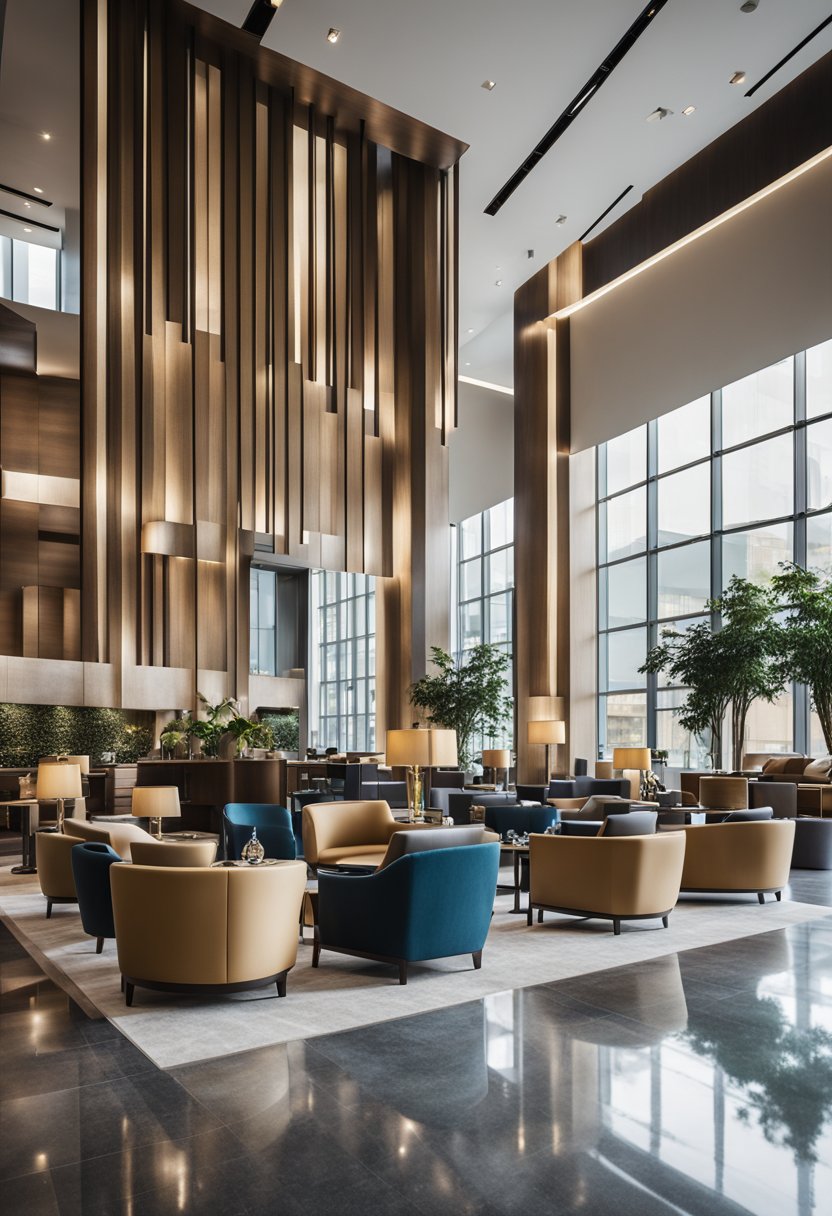 The hotel lobby is spacious and modern, with a sleek check-in desk and comfortable seating areas. Large windows let in plenty of natural light, and the decor is a mix of contemporary and traditional elements