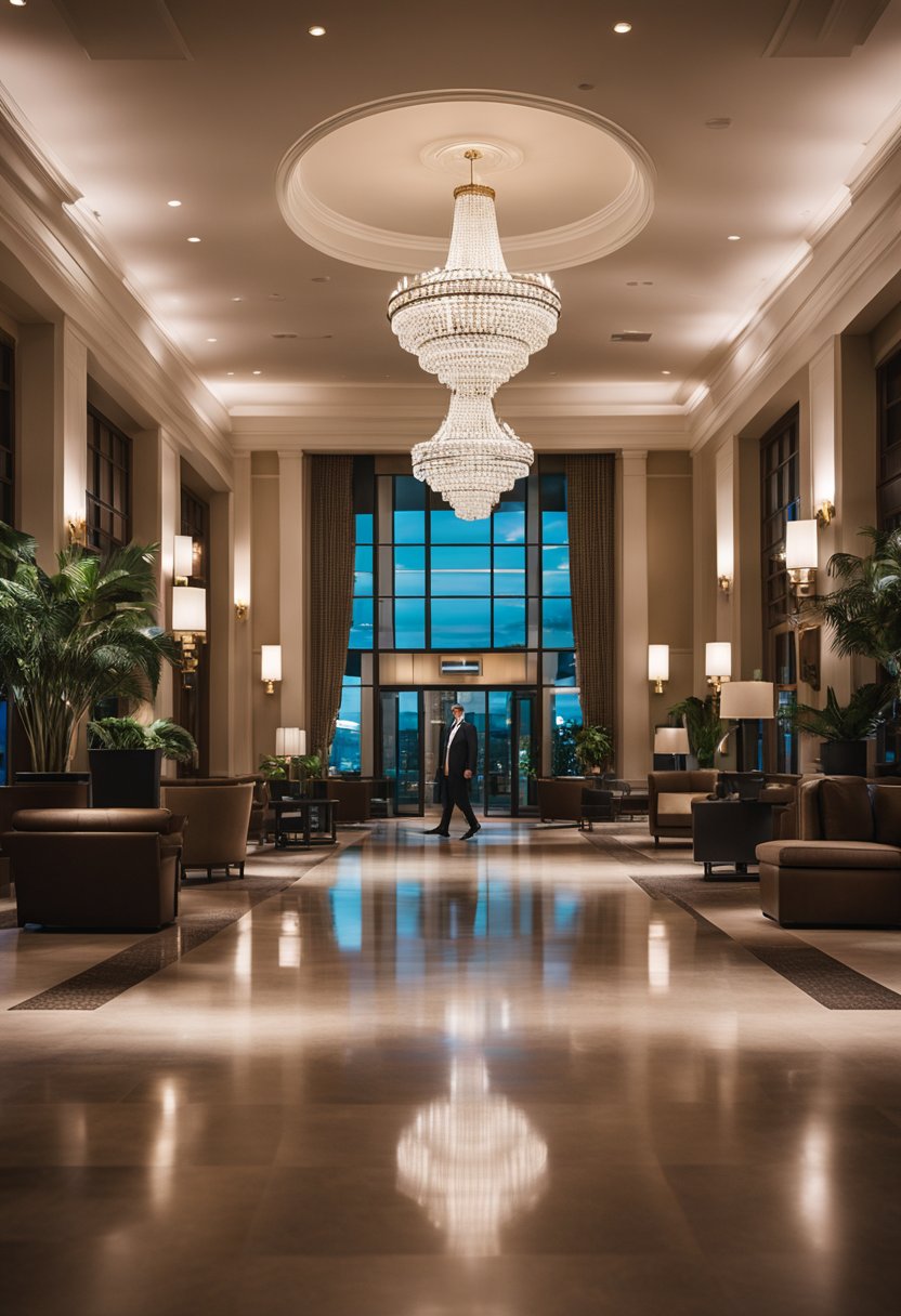 The lobby of the Best Hotels in Waco is grand, with plush seating, a sparkling chandelier, and a concierge desk. A bellhop stands ready to assist guests, and a luxurious spa and fitness center are visible in the background
