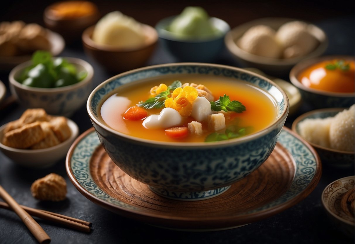 A colorful array of Chinese dessert soups with creative twists, steaming in traditional bowls, surrounded by vibrant ingredients and decorative serving utensils
