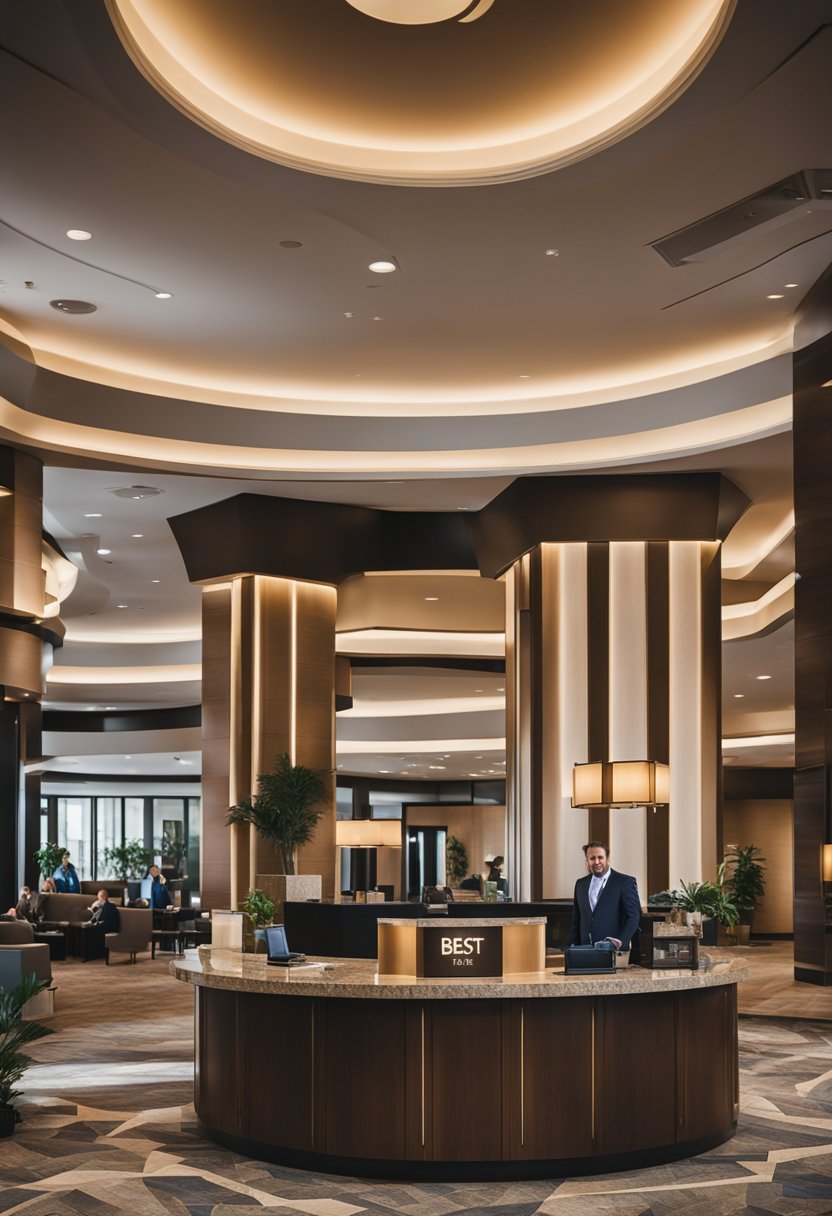A bustling hotel lobby with modern decor, a welcoming reception desk, and guests enjoying the amenities. A sign prominently displays "Best Hotels in Waco 2024."
