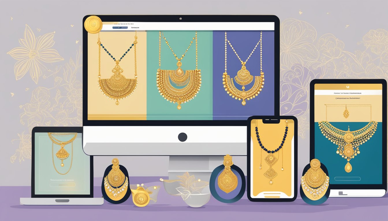 A computer screen displaying a website with a variety of gold mangalsutras available for purchase online
