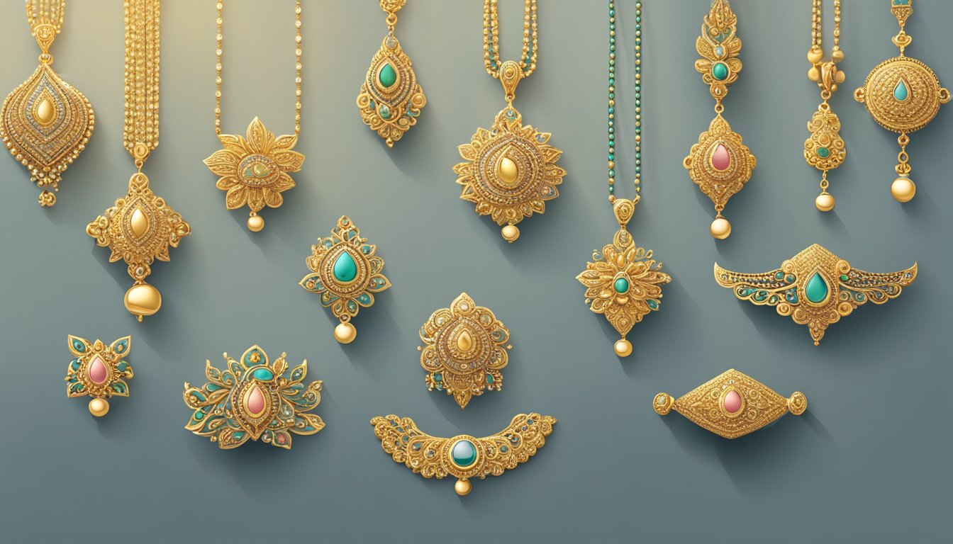 A hand hovering over a selection of gold mangalsutras, with a spotlight highlighting the intricate details of each piece