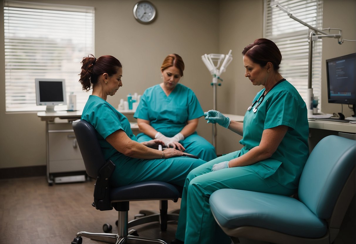 A medical office in Phoenix administers TRT injections. The room is clean and modern, with a professional setting. A nurse prepares the injection while a patient sits comfortably in a chair