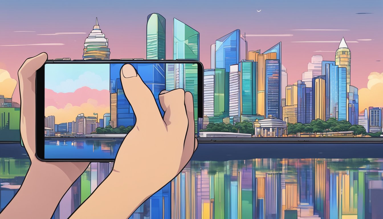 A hand holding a Google Pixel 3 XL in front of a Singapore city skyline