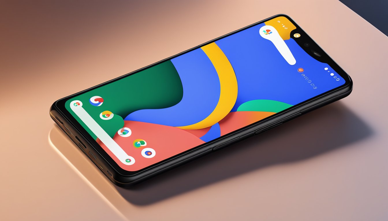 A sleek Google Pixel 3 XL sits on a clean, modern table, with the screen illuminated and displaying vibrant colors