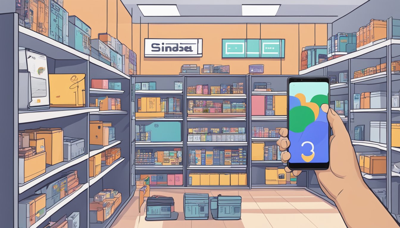 A hand reaches for a Google Pixel 3 XL in a Singapore store, surrounded by shelves of electronic gadgets and a prominent "Buying Guide for Singapore Shoppers" sign
