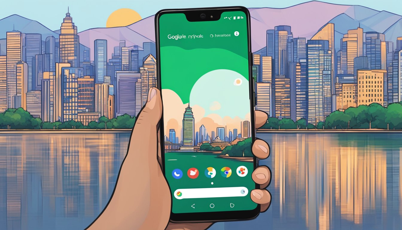 A person holding a Google Pixel 3 XL in one hand while looking at the phone screen with a curious expression. The background could include a Singaporean skyline or iconic landmarks