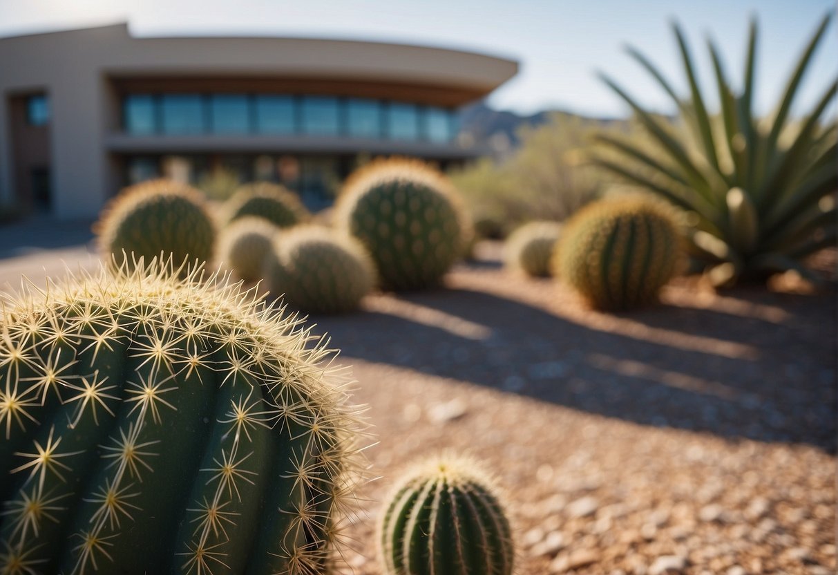 A sunny desert landscape with a cactus in the foreground and a modern medical facility in the background, symbolizing the potential for TRT efficacy in Phoenix, Arizona