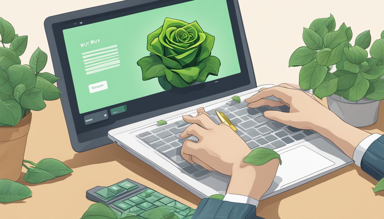 A hand clicks "buy" on a computer, ordering a green rose plant online