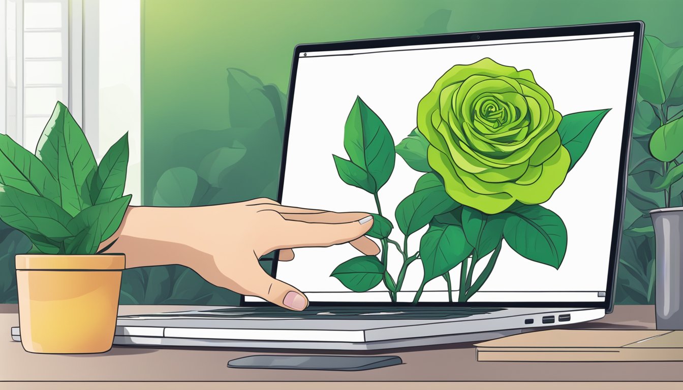 A hand reaches for a vibrant green rose plant on a computer screen, with the "buy" button highlighted