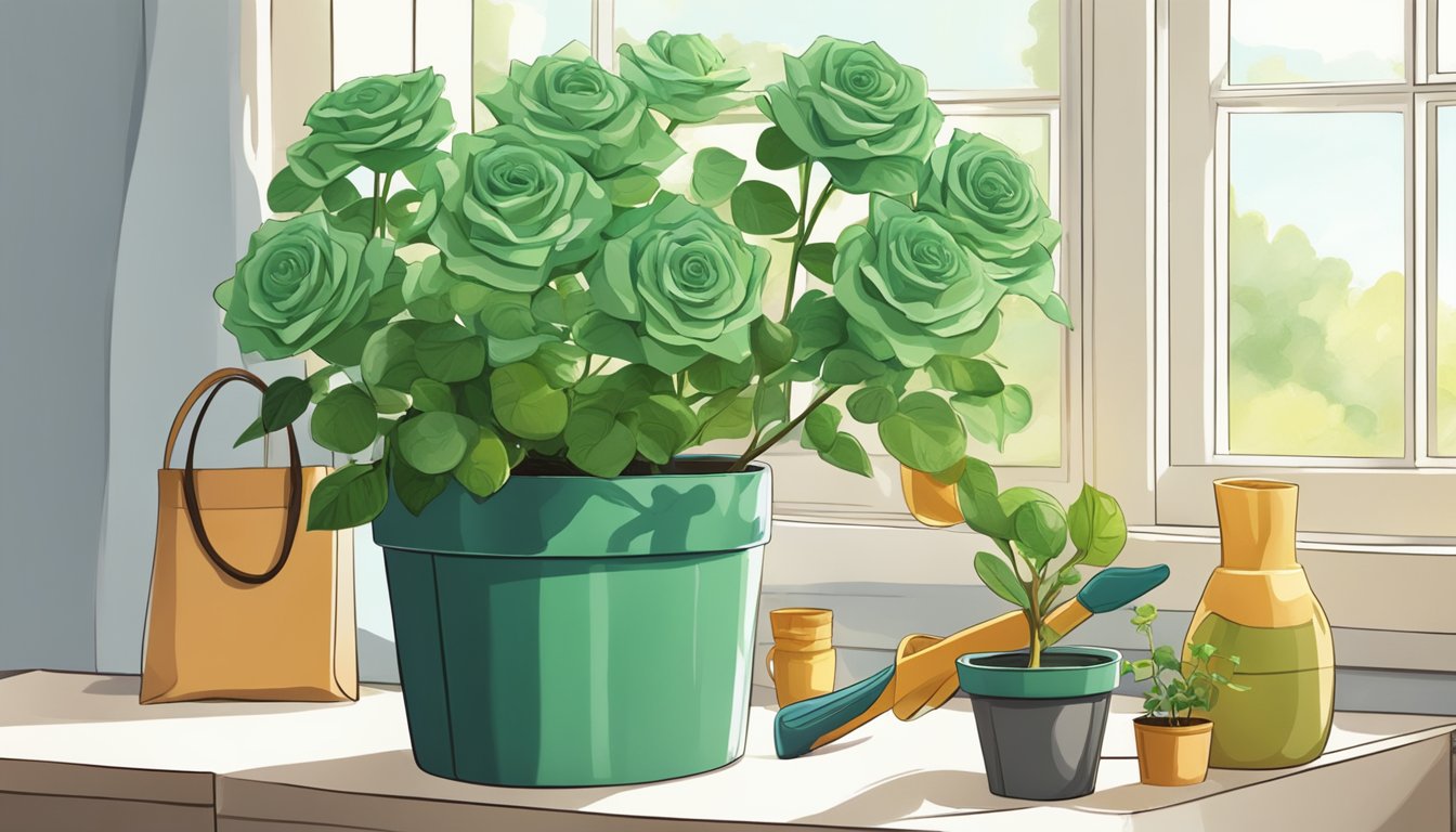 A hand pours water onto a green rose plant in a pot, placed on a sunny windowsill. The plant is surrounded by gardening tools and a bag of plant food