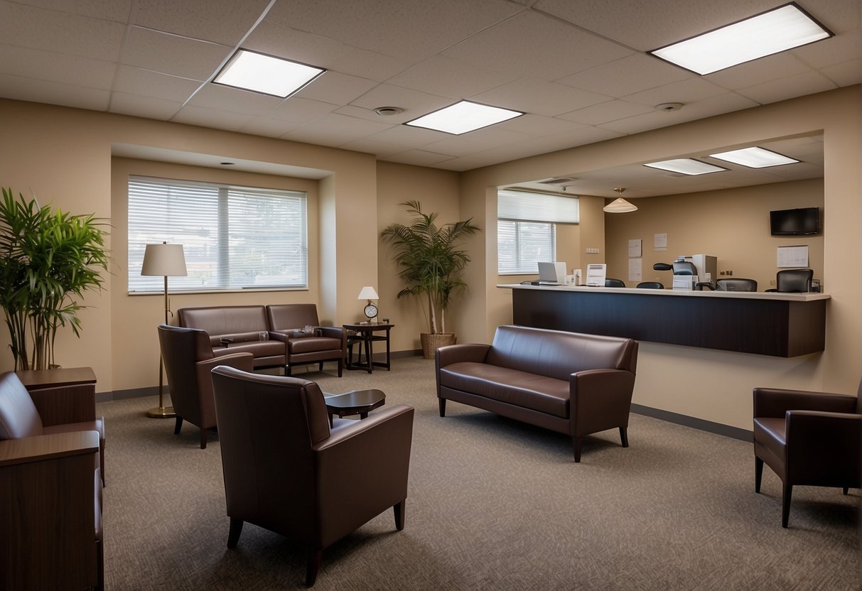 A clinic in Phoenix, Arizona administers TRT injections. The waiting room is filled with comfortable chairs, and the reception area is organized and welcoming. A professional atmosphere is evident throughout the facility