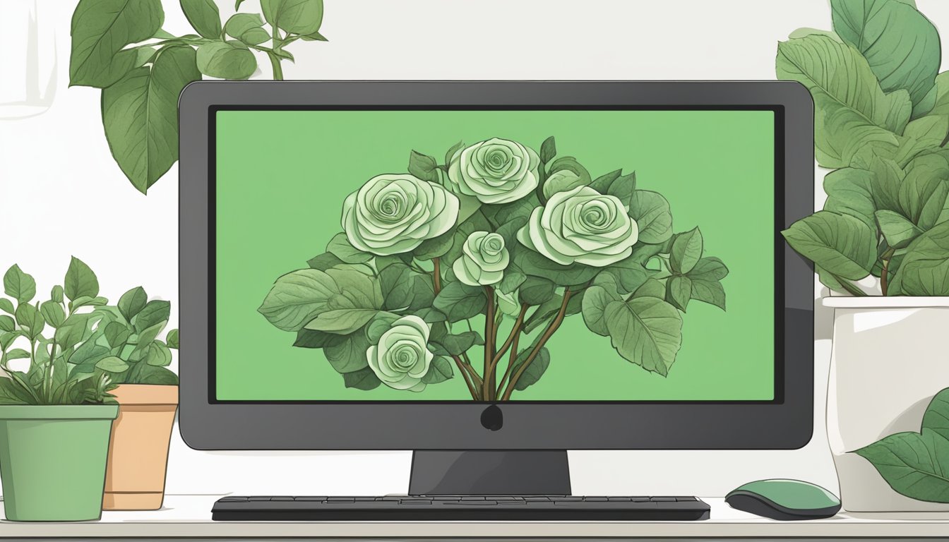 A green rose plant displayed on a computer screen with a "Frequently Asked Questions" section below