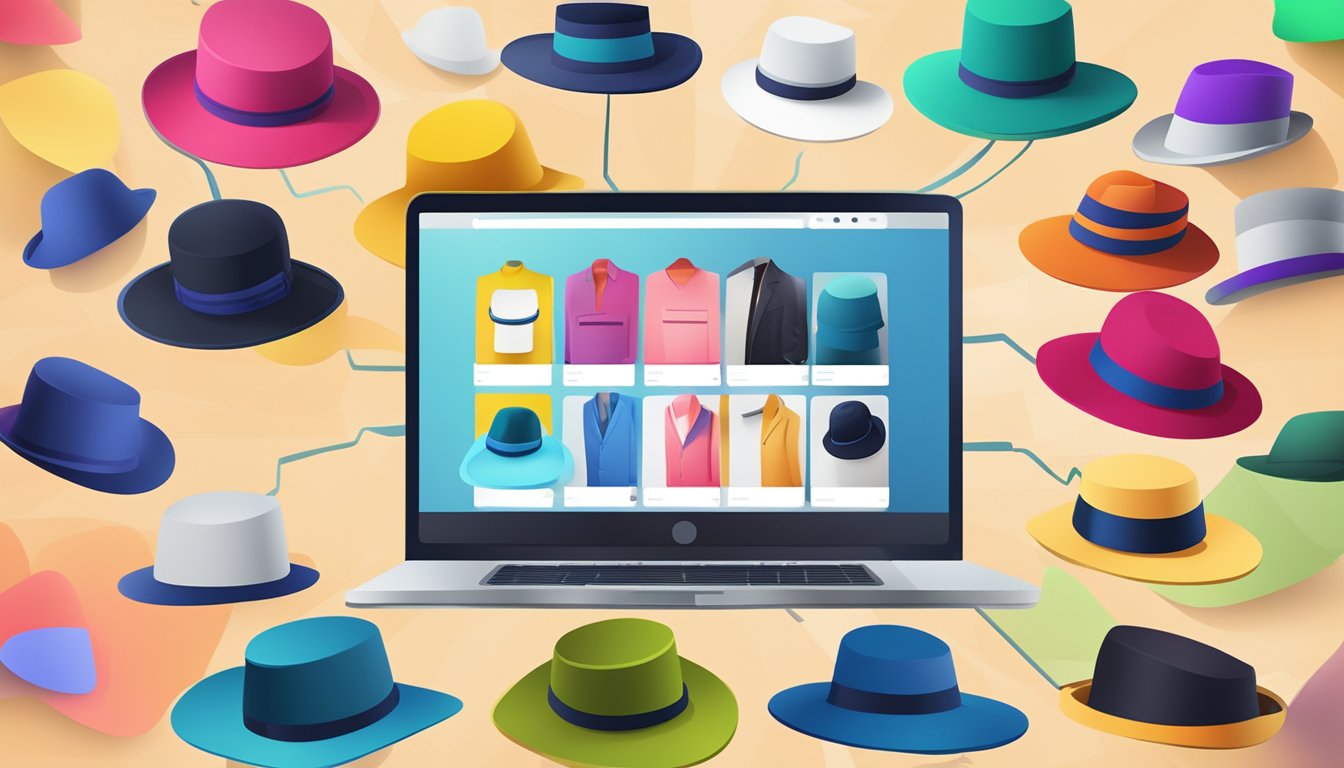 A computer screen displaying a variety of colorful hats with a "buy now" button, surrounded by a sleek and modern website design