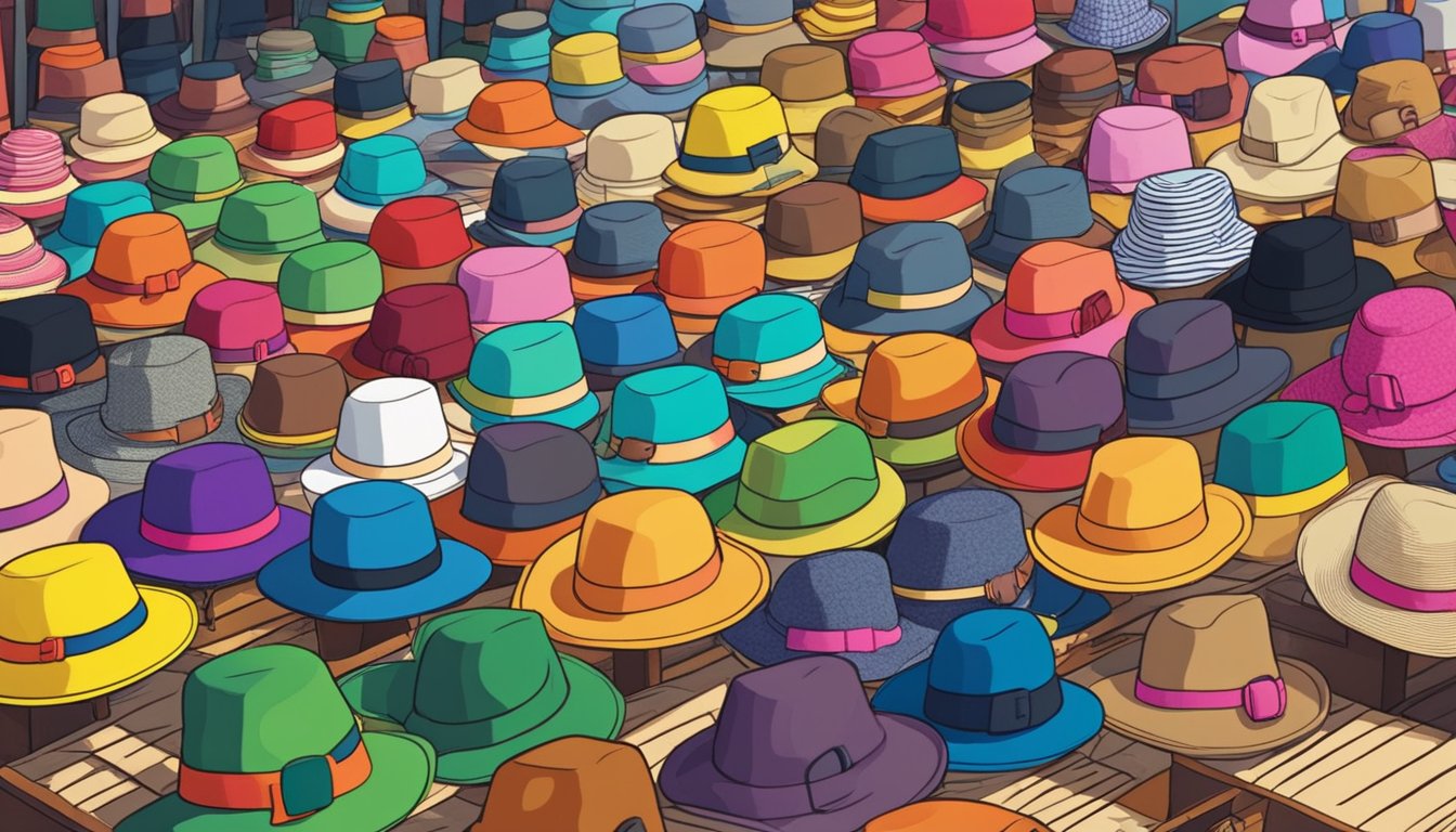 Customers browse colorful hats on display in a bustling Singapore market