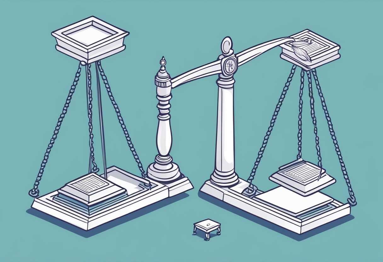 A scale tipping with a gavel and a feather, representing the concept of judgment