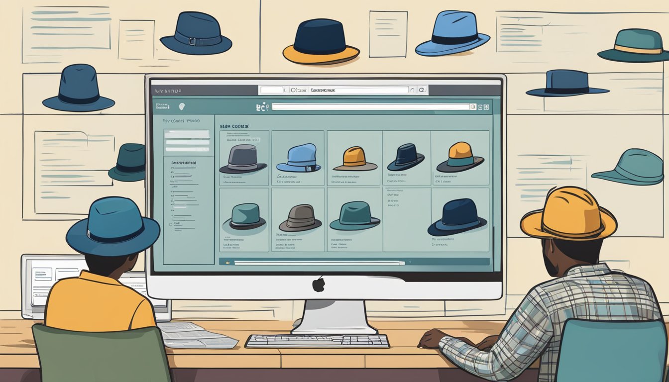 Customers browsing hats on a computer, with a list of frequently asked questions displayed on the screen