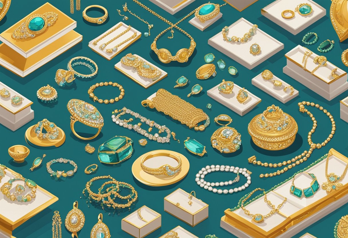 A table with an assortment of sparkling jewelry pieces arranged neatly. Shimmering necklaces, bracelets, and rings catch the light, creating a dazzling display