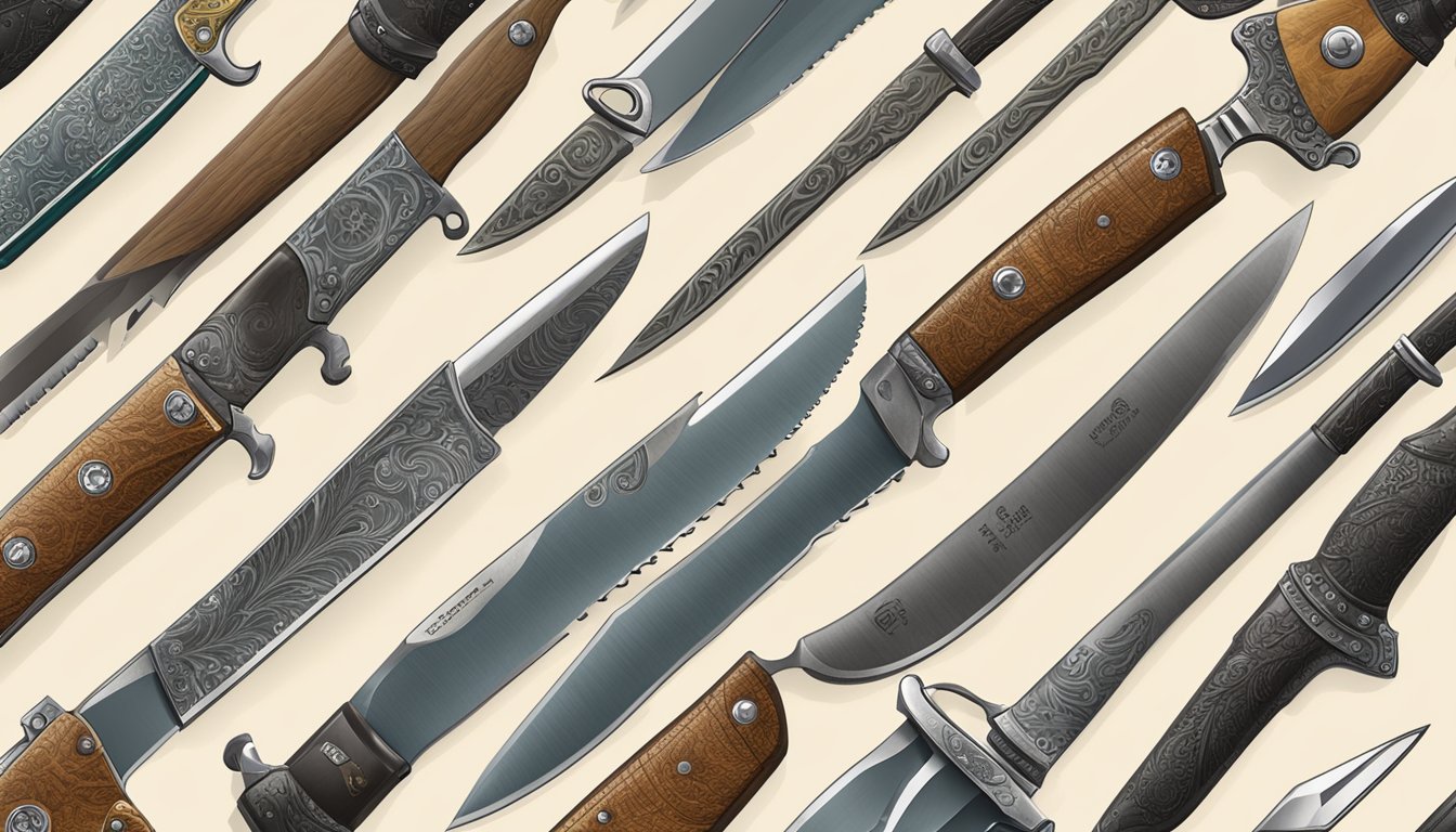 A hand clicks "add to cart" on a hunting knife website. The screen shows a variety of knives for sale