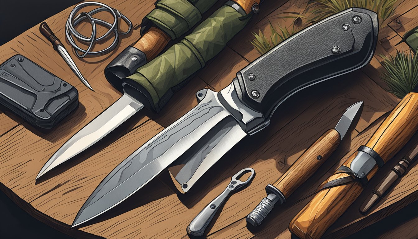 A hand reaches for a sleek hunting knife on a wooden table, surrounded by various other outdoor gear and equipment. The knife's blade gleams in the light, showcasing its sharpness and durability