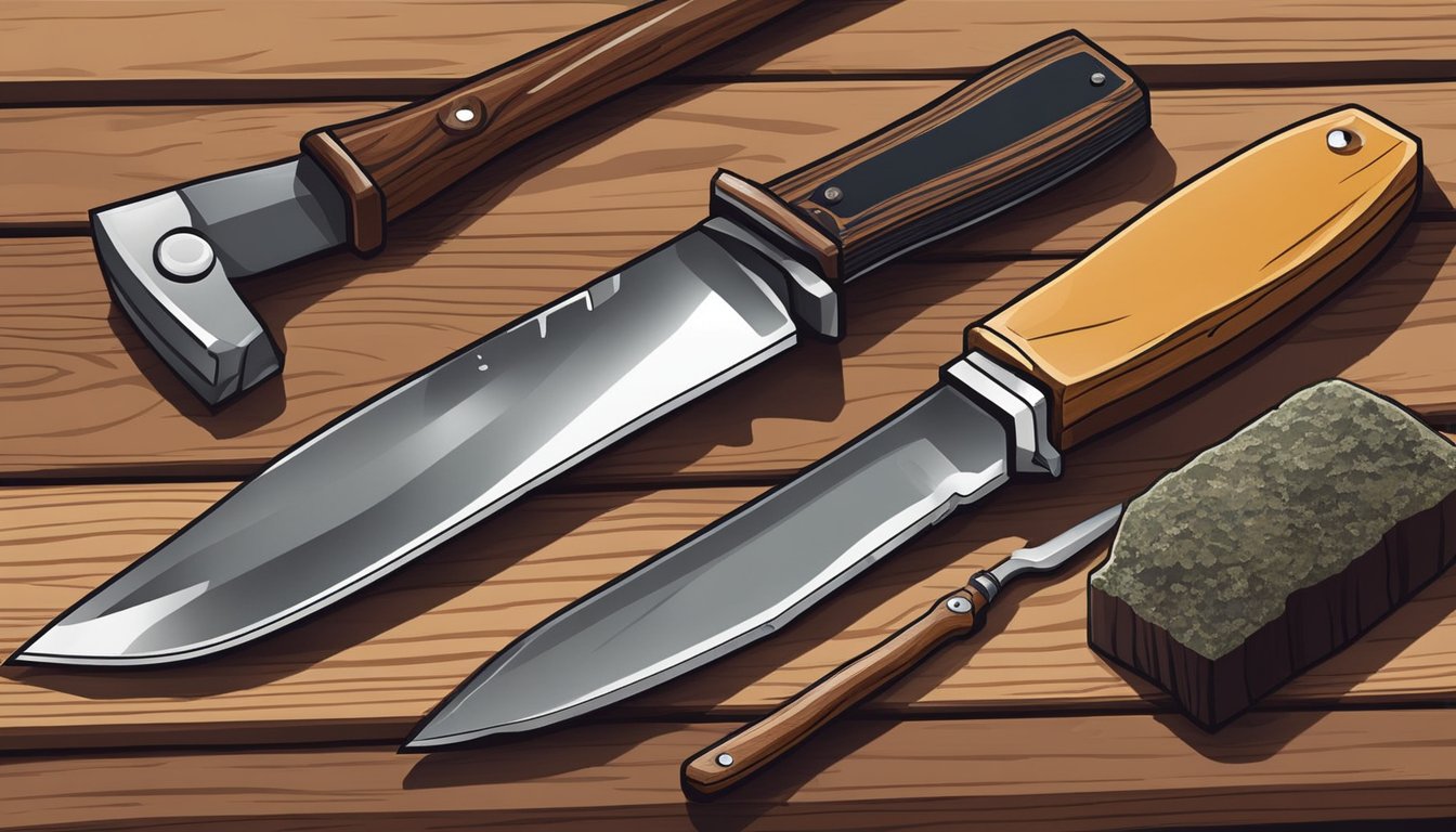 A hunting knife, sharpening stone, and oil are laid out on a wooden table. The knife's handle is made of dark wood and the blade is gleaming