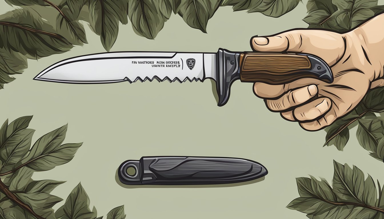 A hand holding a hunting knife with FAQ text in the background