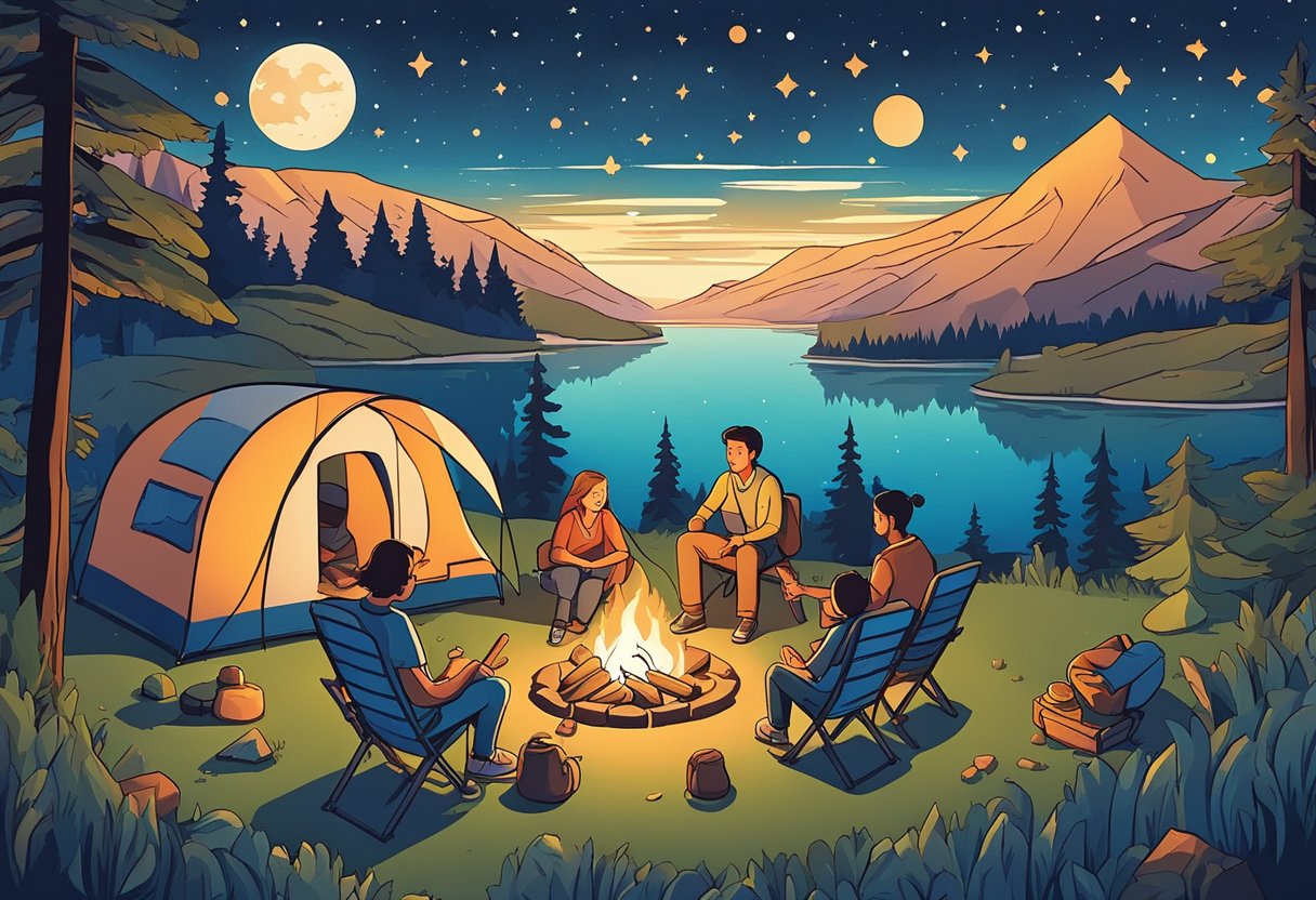 A family sits around a campfire, roasting marshmallows and laughing under a starry sky. A tent and RV are nearby, surrounded by trees and a serene lake