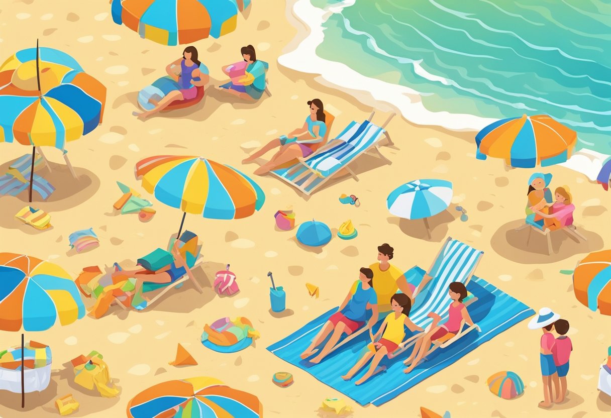 A family of four sits on a sandy beach, surrounded by colorful beach towels and umbrellas. The children build sandcastles while the parents relax and enjoy the sunshine