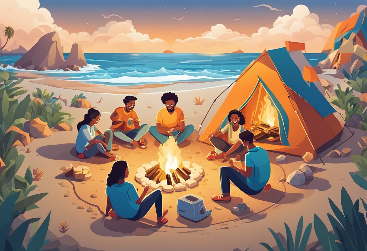 A family sits around a campfire on a beach, roasting marshmallows and laughing. Tents are set up in the background, with waves crashing on the shore