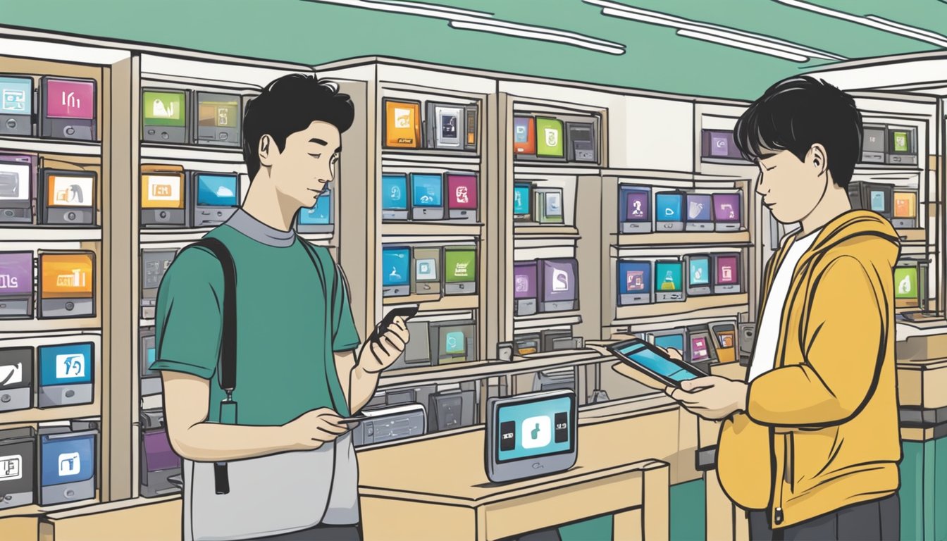 A customer browsing through a display of iPods in a Singapore electronics store, with a sign above reading "Frequently Asked Questions buy iPod Singapore."