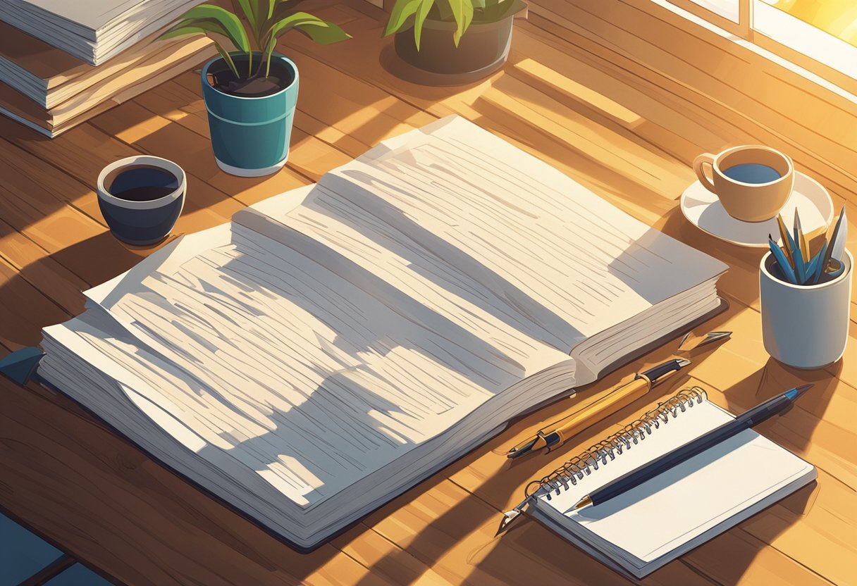 A stack of quotes on a wooden desk, with a pen and notebook nearby. Sunlight streams in through a nearby window, casting a warm glow on the scene