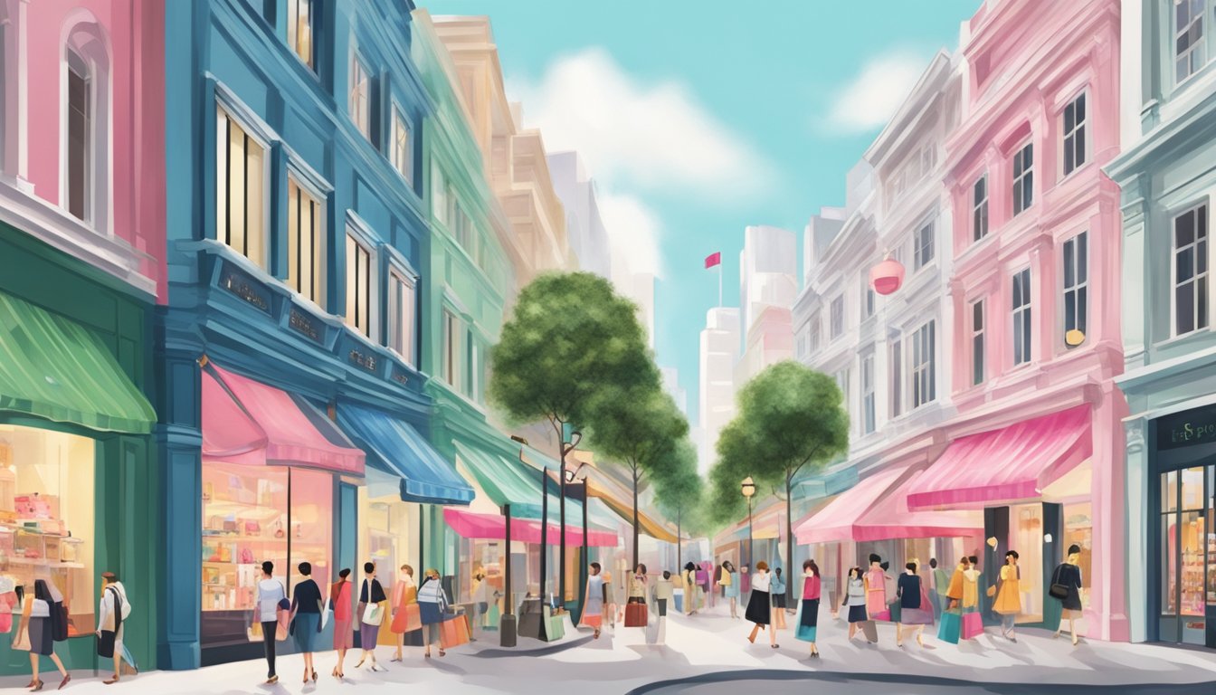 A bustling shopping district with a prominent storefront displaying the iconic Kate Spade logo and products in Singapore