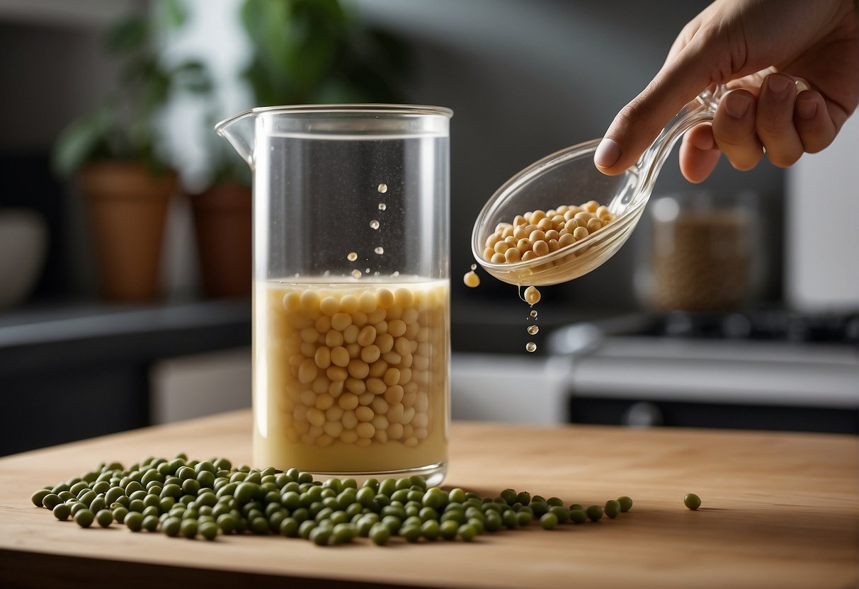 A bowl of soybeans soaking in water, a blender whirring, and a sieve straining the creamy white liquid into a glass jar