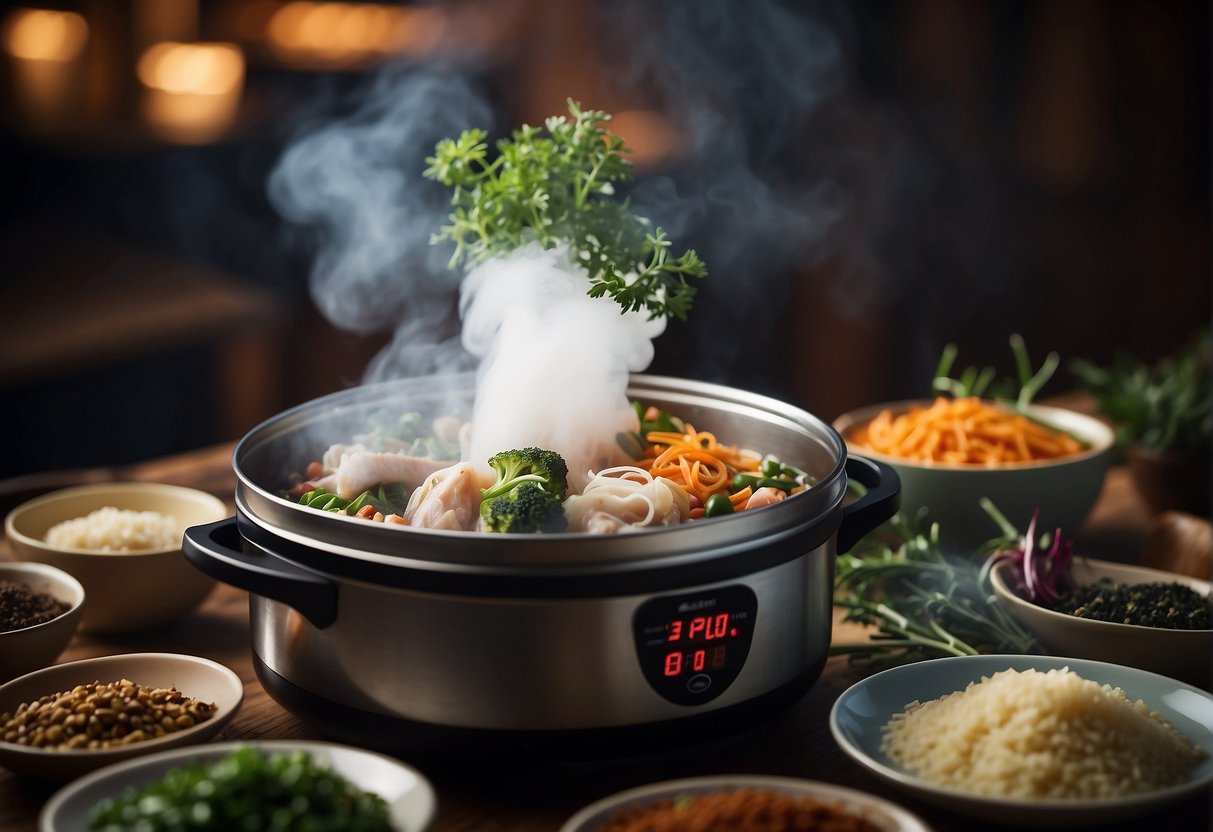 A steaming pot of sous vide Chinese dishes, surrounded by traditional spices and ingredients, emanating savory aromas