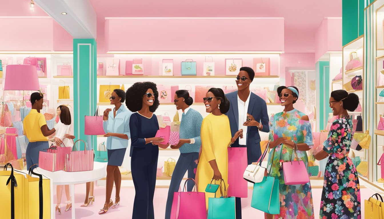 A group of diverse individuals gather around a vibrant display of Kate Spade products, smiling and interacting with each other