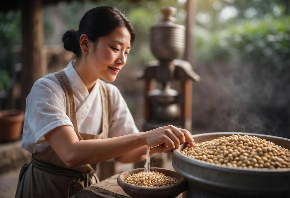 A Chinese woman pours soybeans into a stone grinder, adding water to create soy milk, a traditional recipe with cultural significance